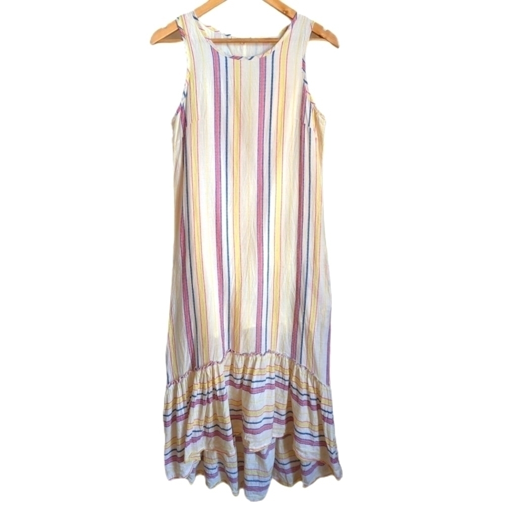 Solitaire Stripes Neutrals Cotton Bohemian Ruffles Maxi Dress Size Medium